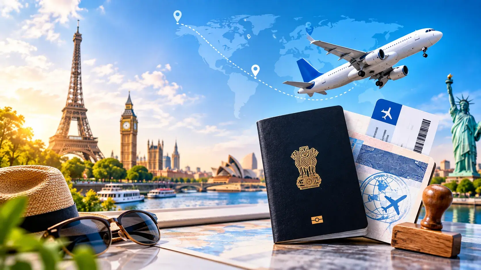 Passport, landmarks and flight path for international travel